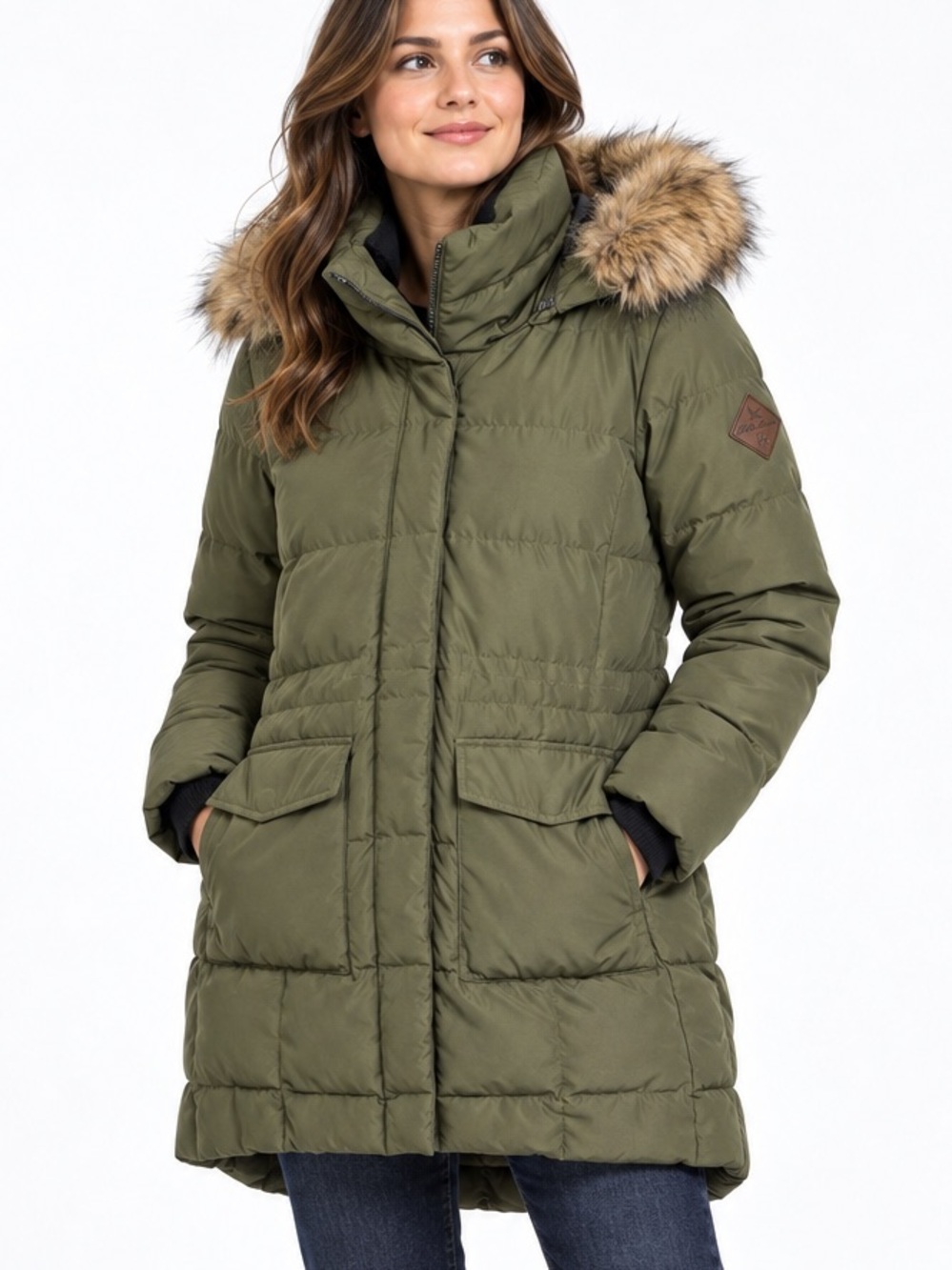 Eddie Bauer Olive Green Down Parka Faux Fur Hood Women’s Medium
